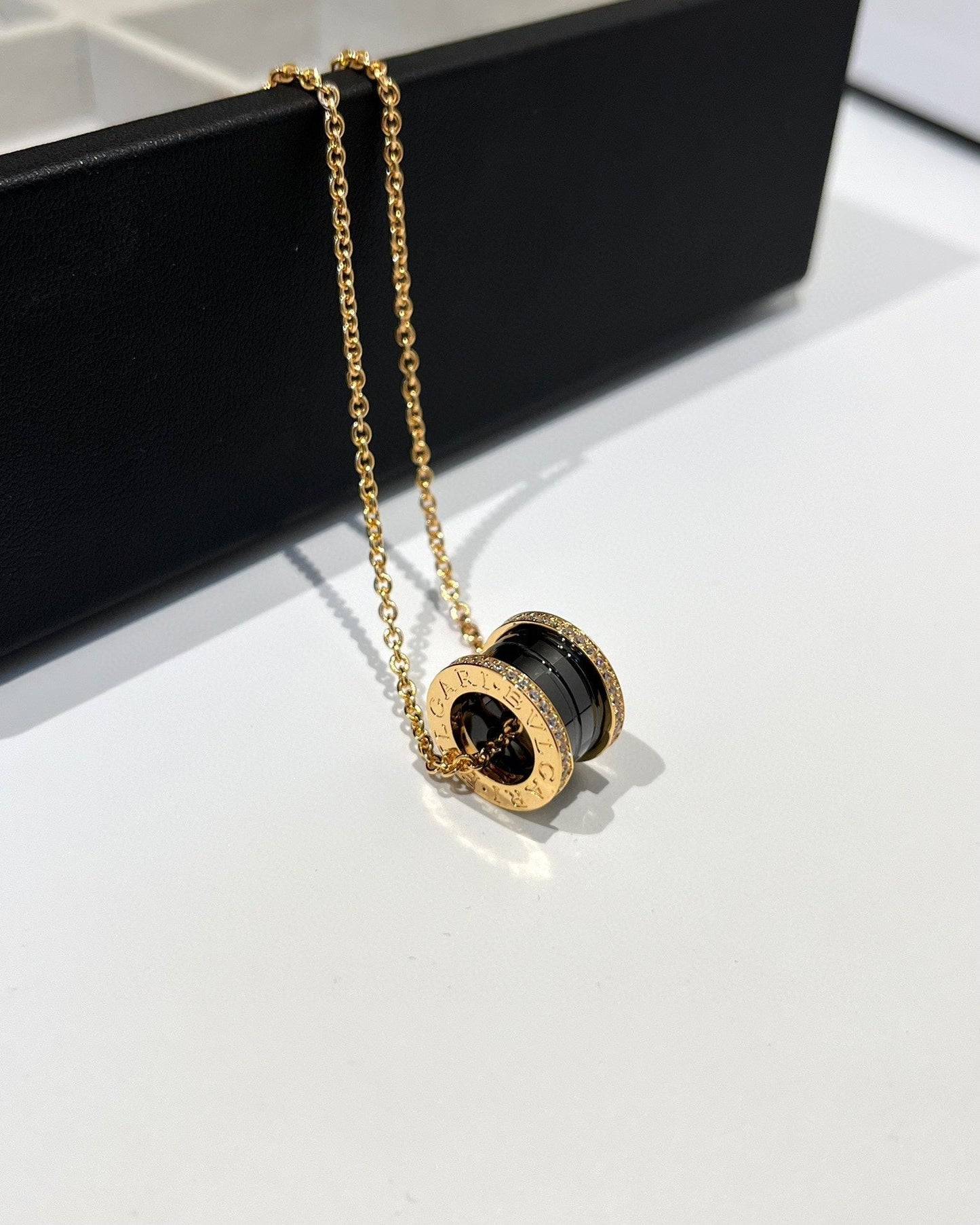 [Clover Jewelry]ZERO 1 BLACK CERAMIC DIAMOND PINK GOLD NECKLACE