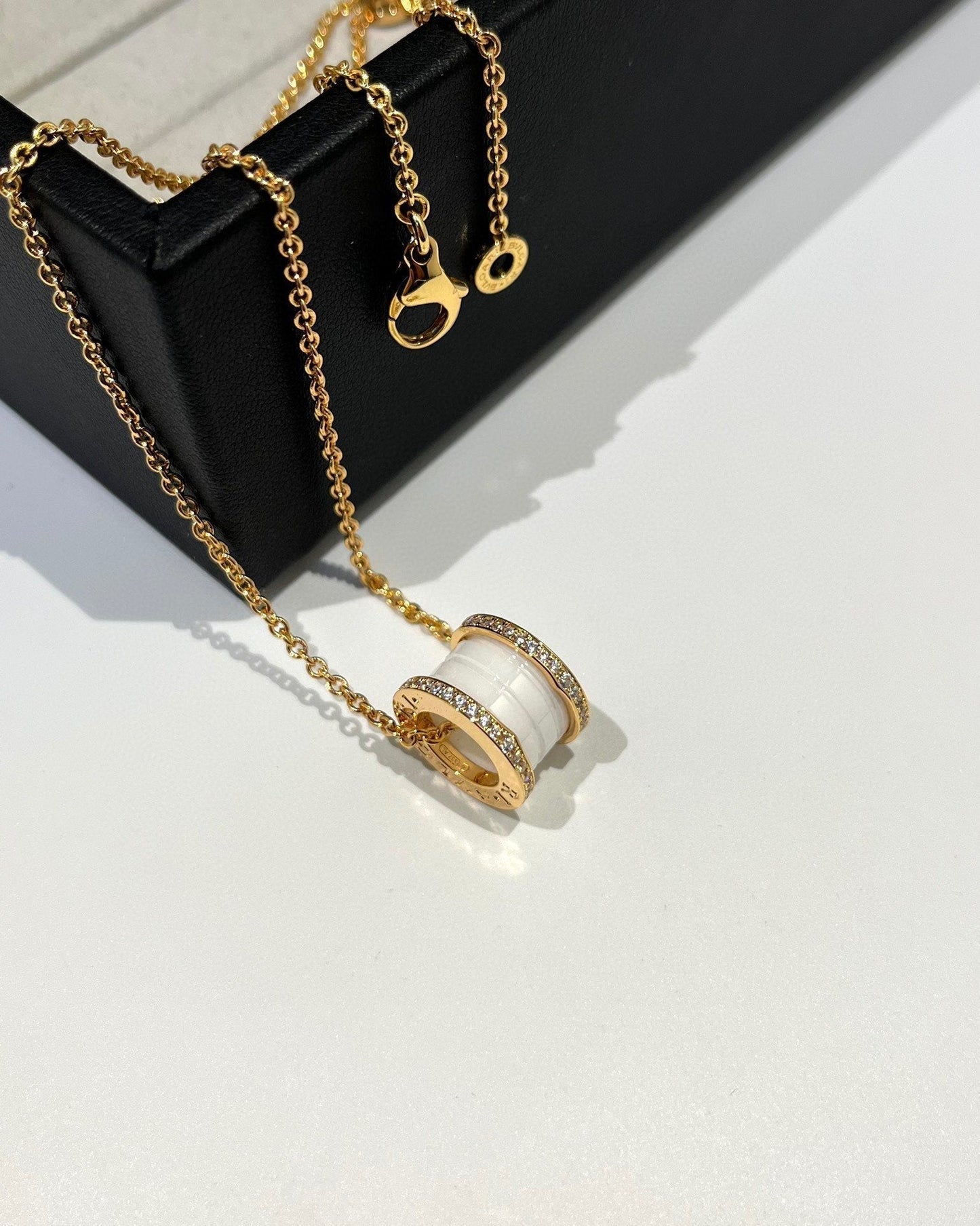 [Clover Jewelry]ZERO 1 WHITE CERAMIC DIAMOND PINK GOLD NECKLACE